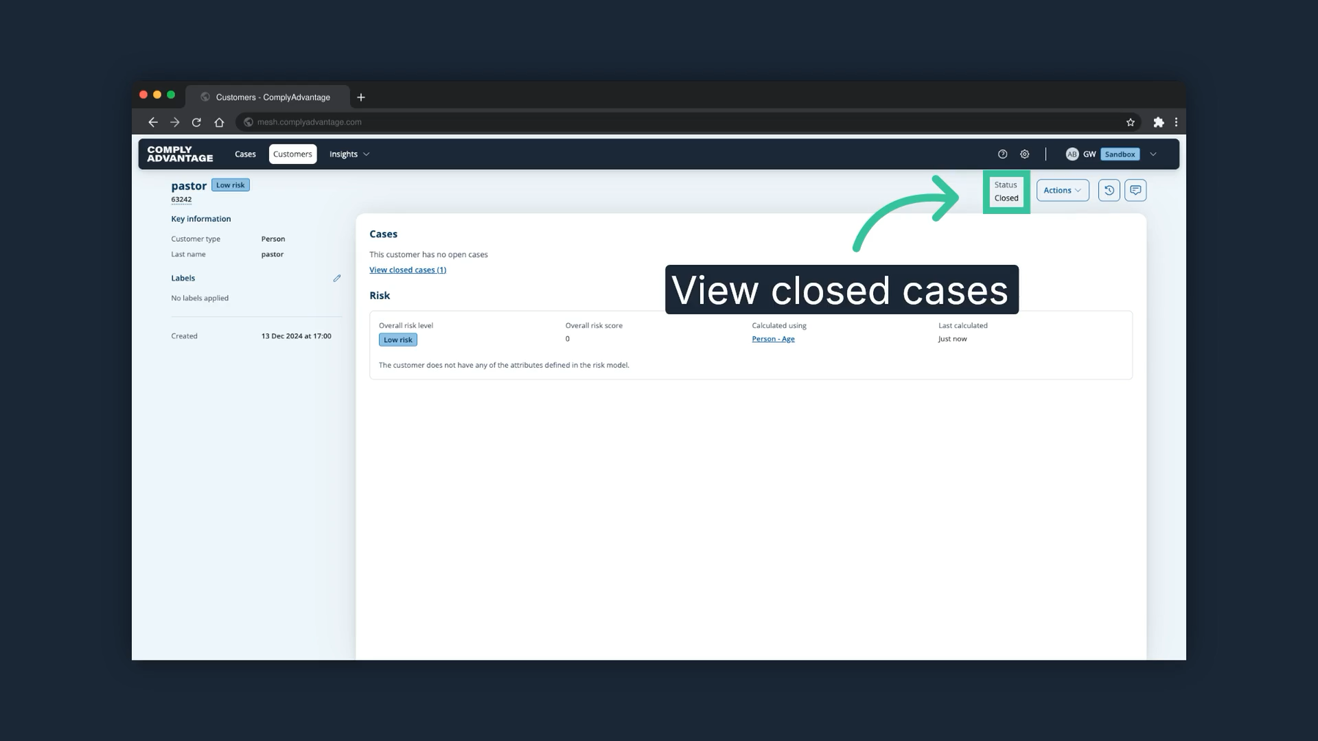 The customer page with the status