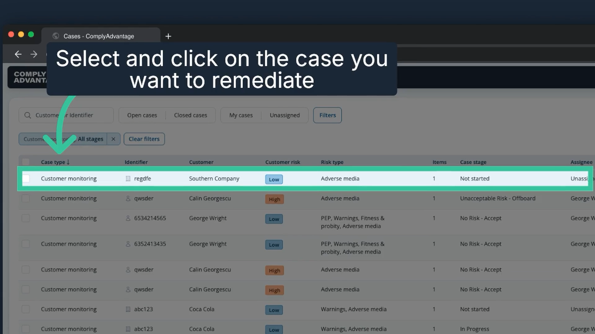 The filtered case list with a Customer monitoring case highlighted