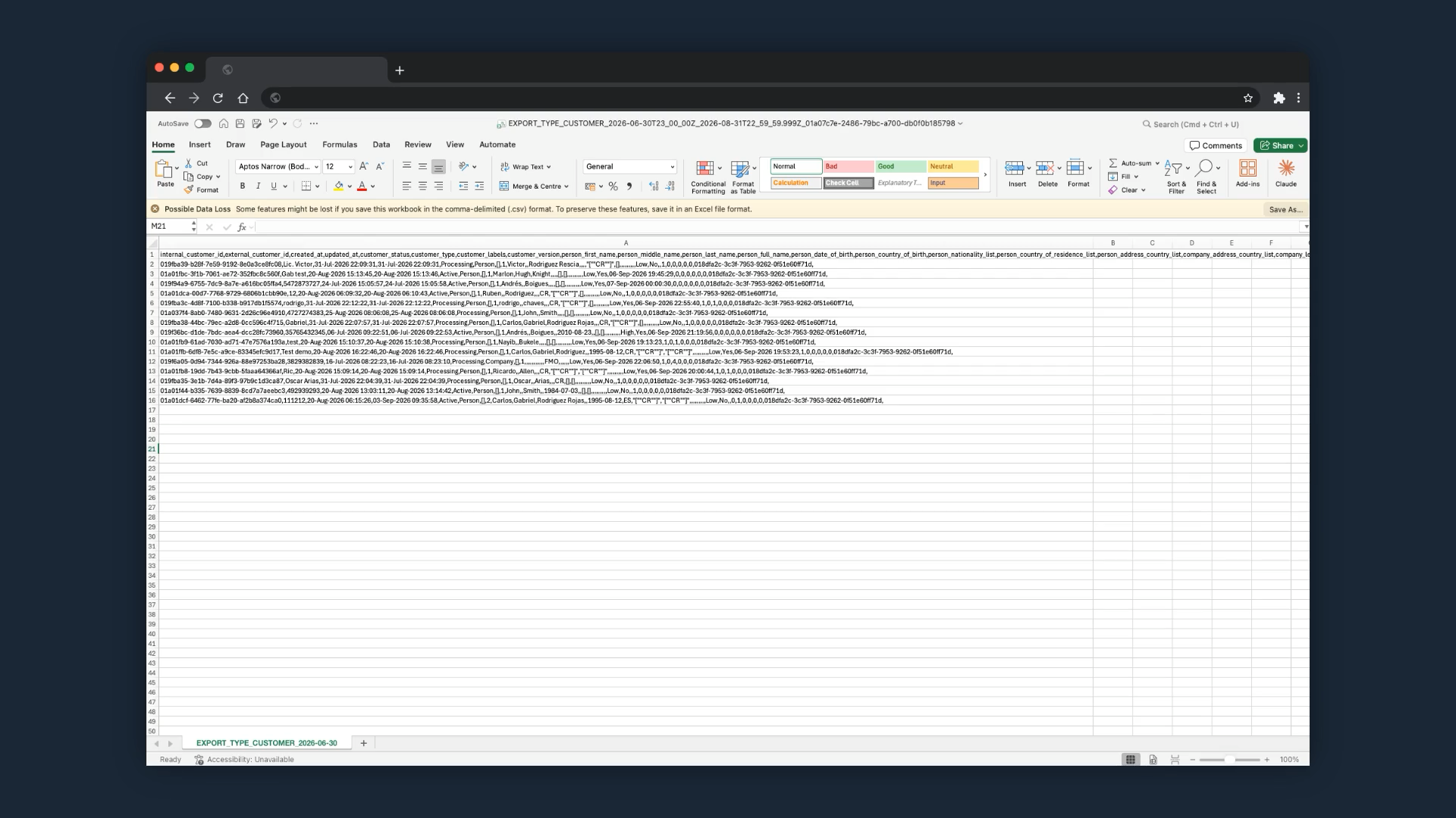 The downloaded export open in a spreadsheet