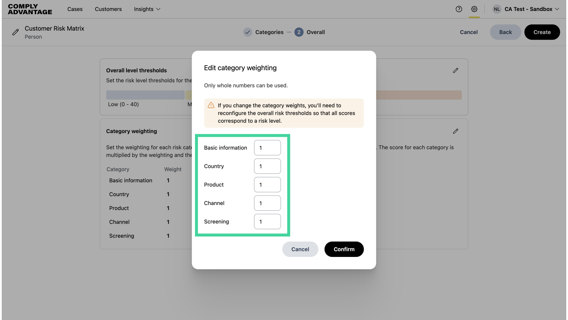 Changing category weightings
