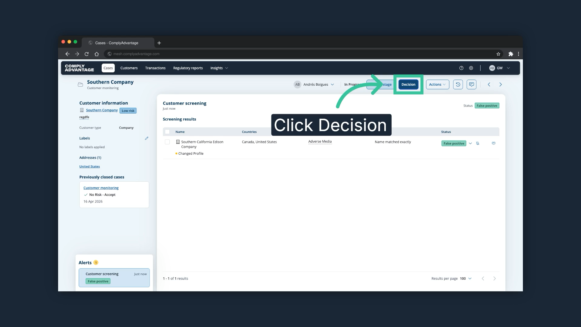 The case header with the Decision button highlighted