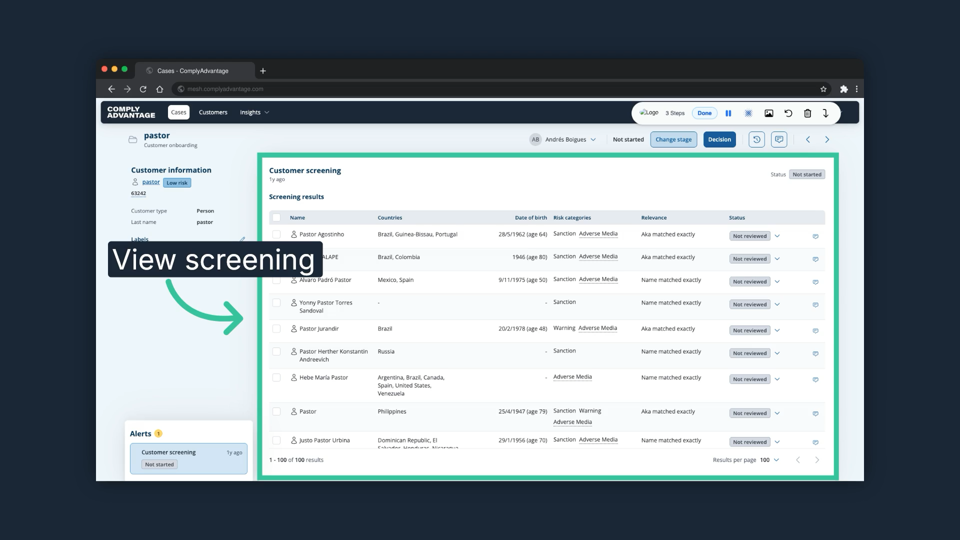 The Screening results table of the case highlighted, listing the profiles that matched the customer