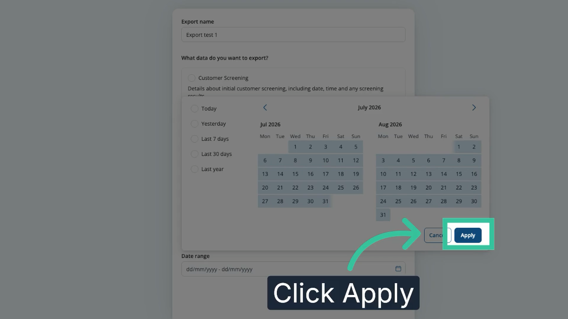 The date range calendar with the Apply button highlighted