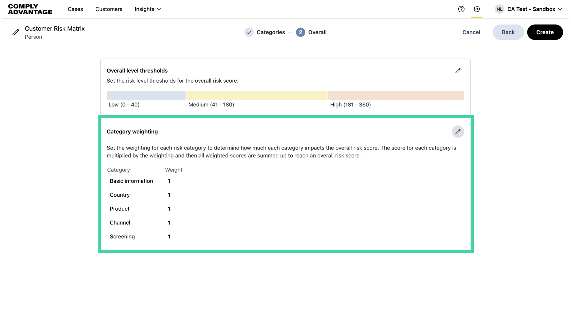 Set category weightings