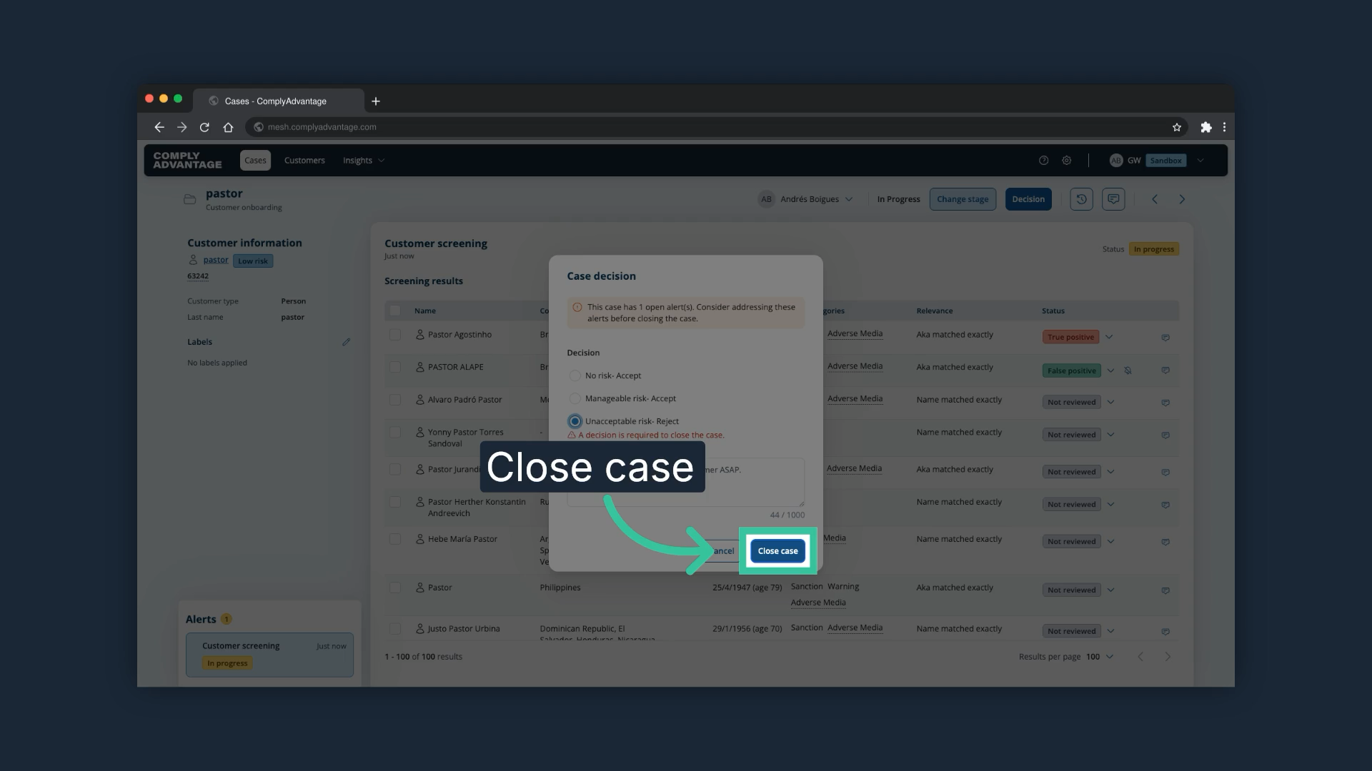 The Case decision dialog with the