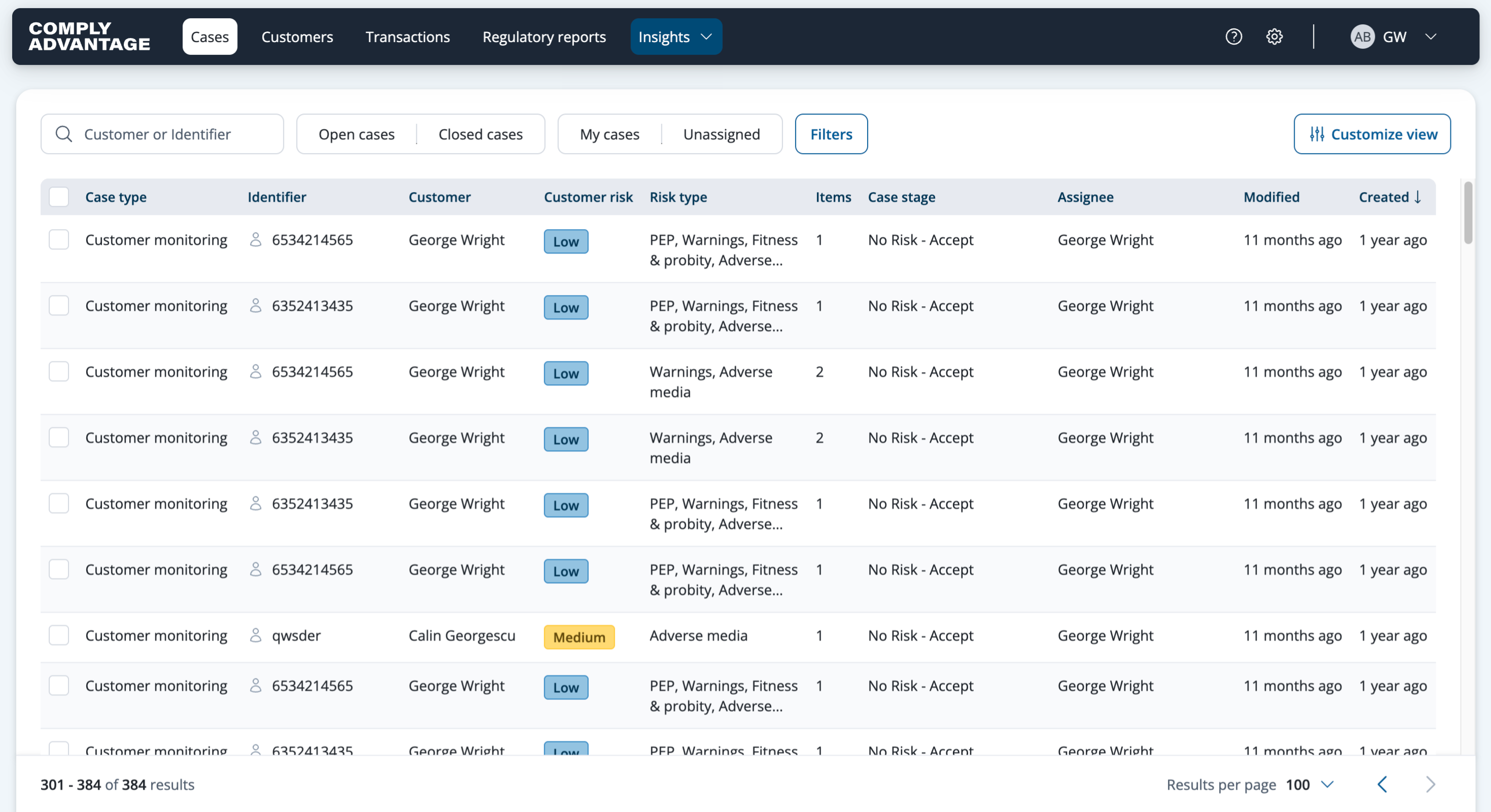 The Cases tab with Insights highlighted in the top banner