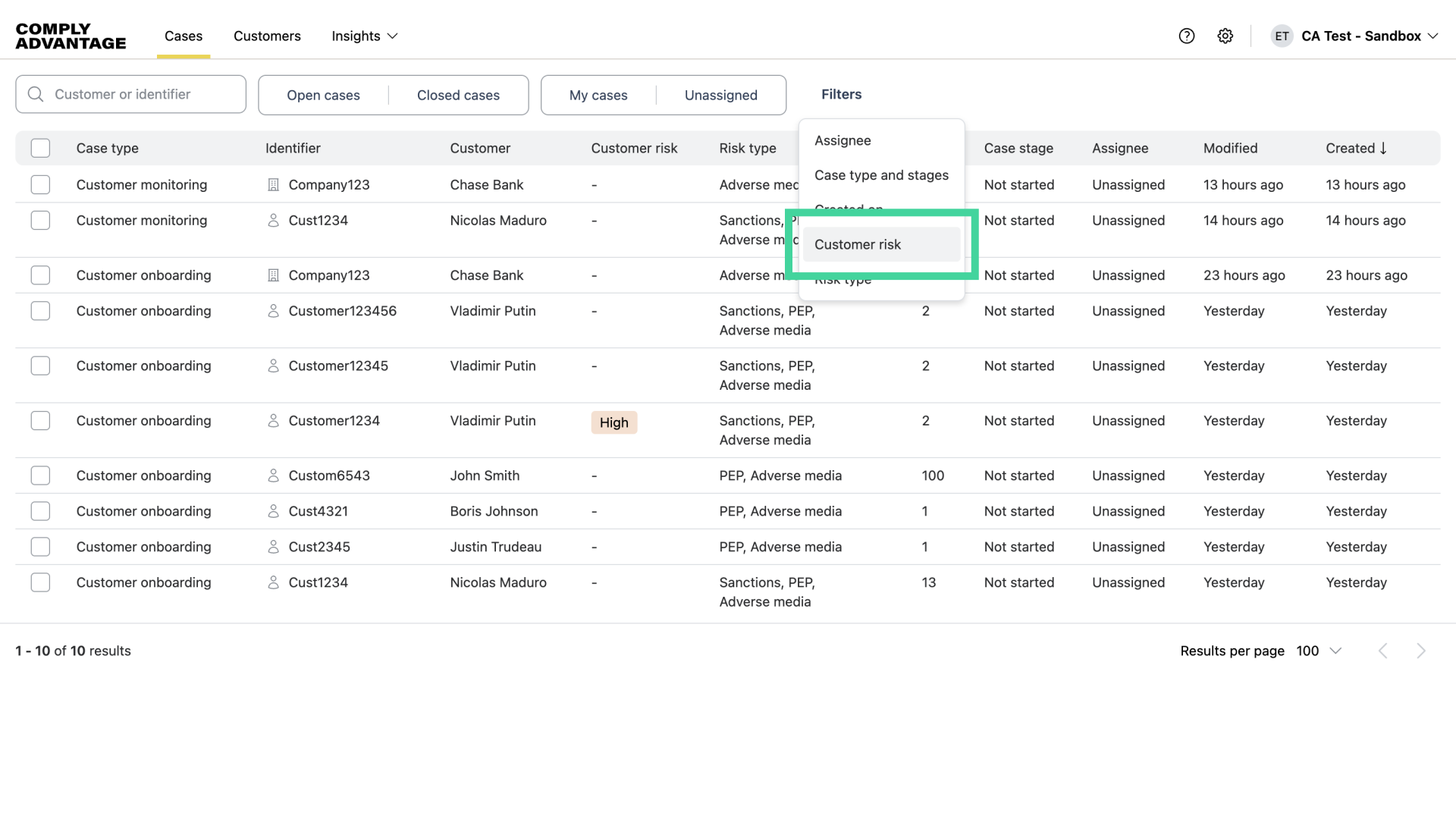 Click 'Customer risk'