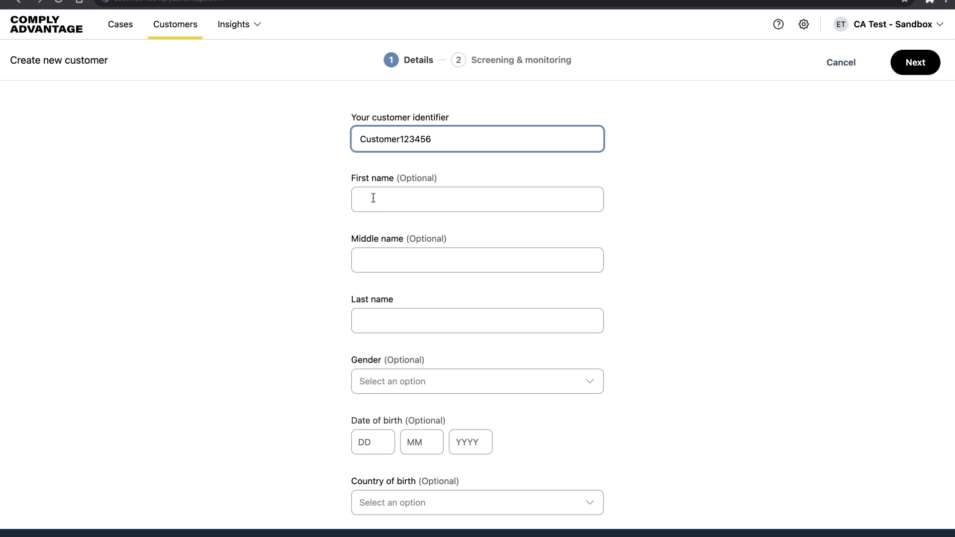 Enter the Customer's first name if known
