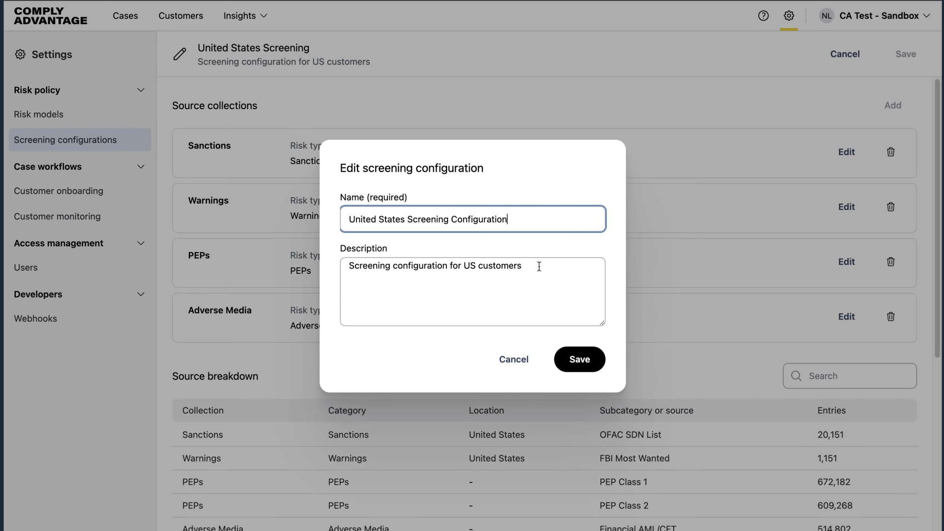 Edit the description of your Screening Configuration