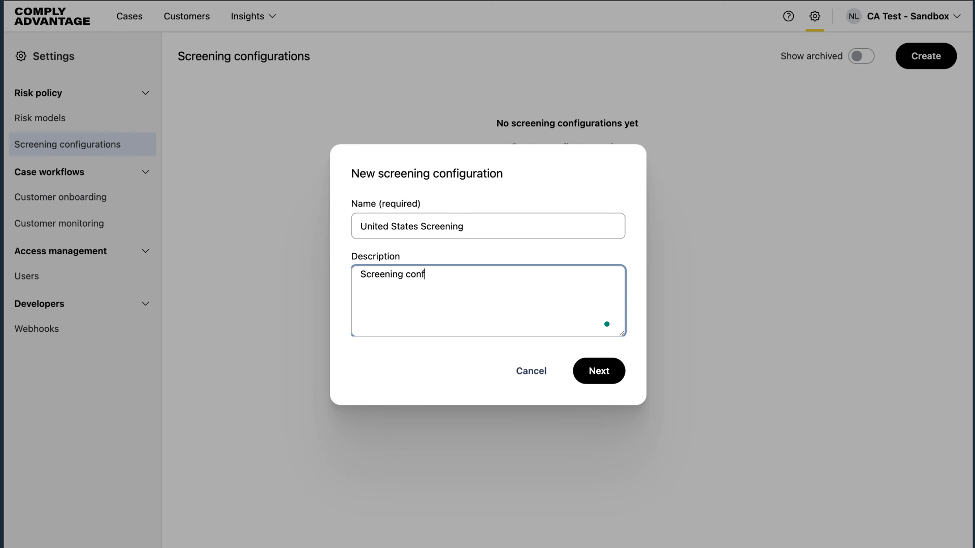 Fill in the description for your screening configuration
