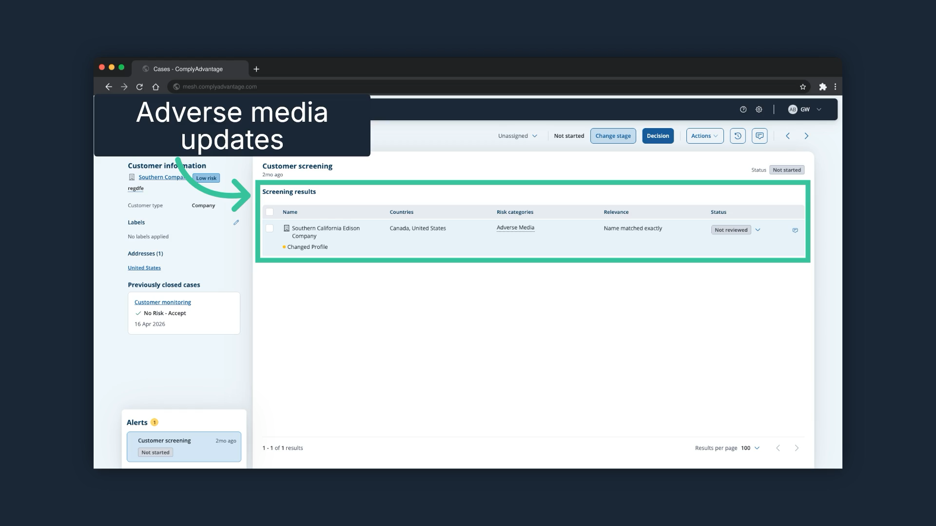 The monitoring case with the Screening results table highlighted, showing one changed profile