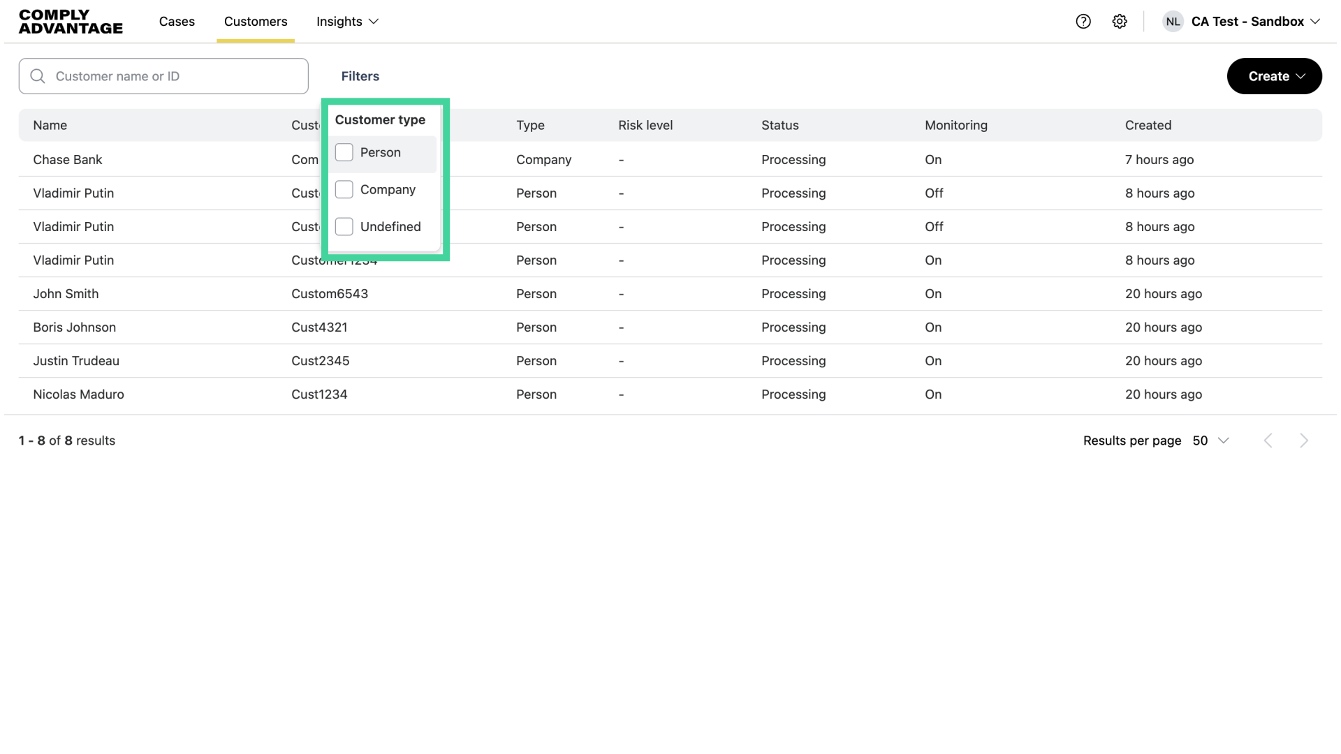 Select desired customer type