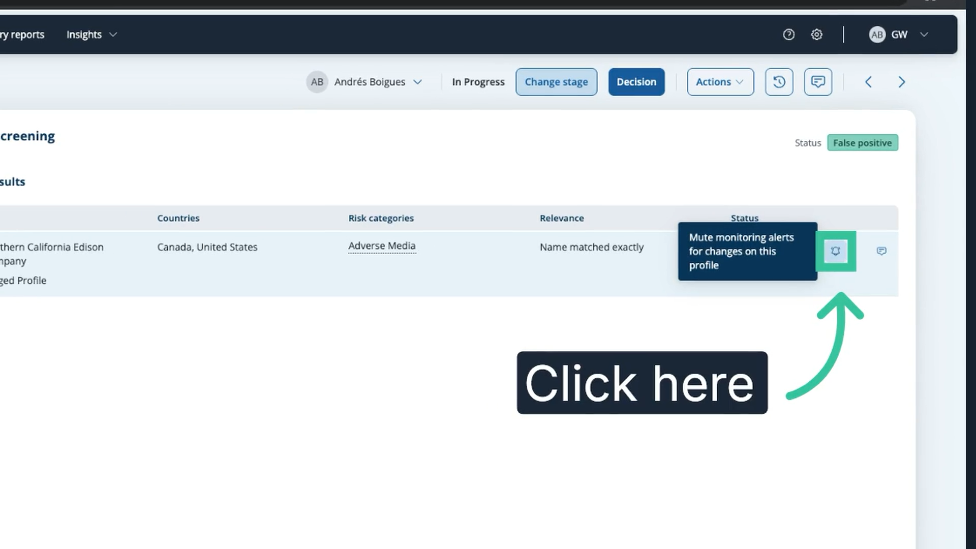 The mute icon on the Screening results row highlighted, with the tooltip Mute monitoring alerts for changes on this profile