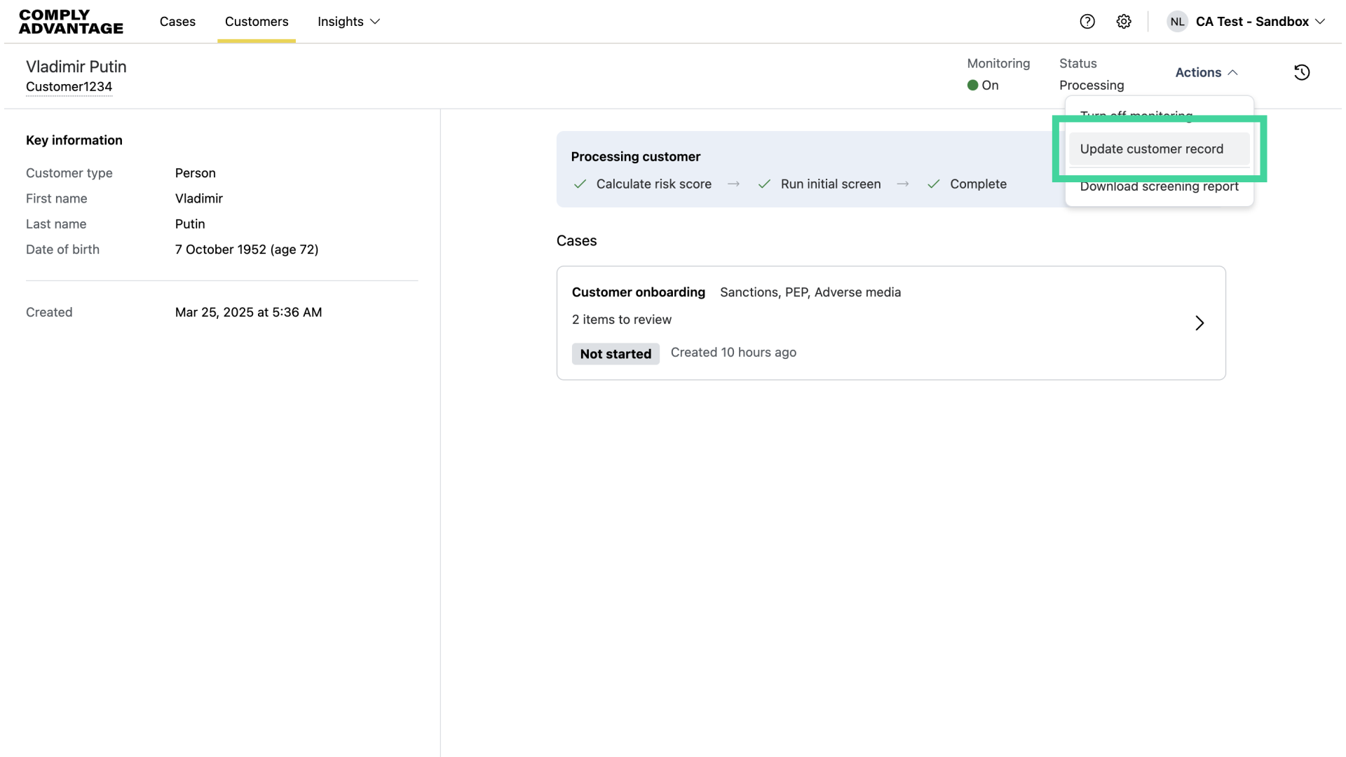 Click 'Update customer record'