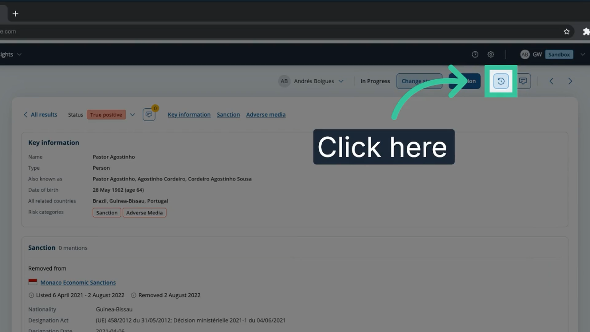 The audit log icon highlighted in the case header on the profile details page