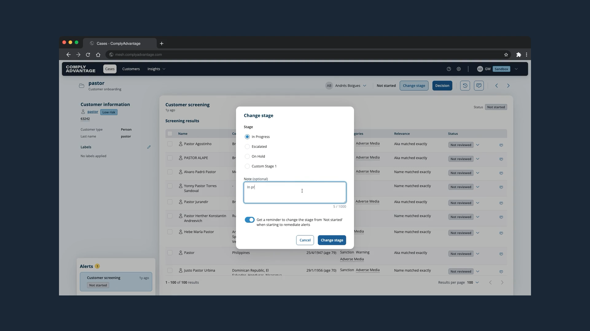 The Change stage dialog with a note being typed in the optional note field