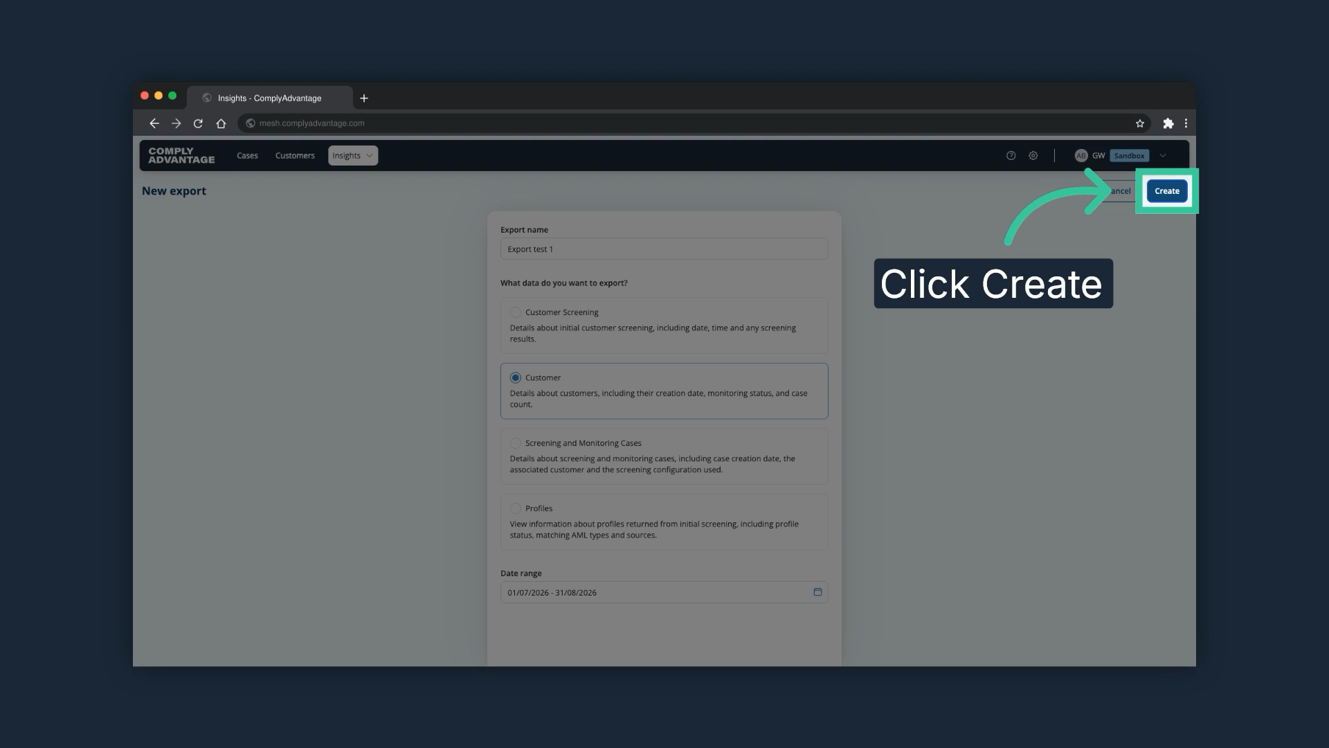 The New export form with the Create button highlighted in the top right