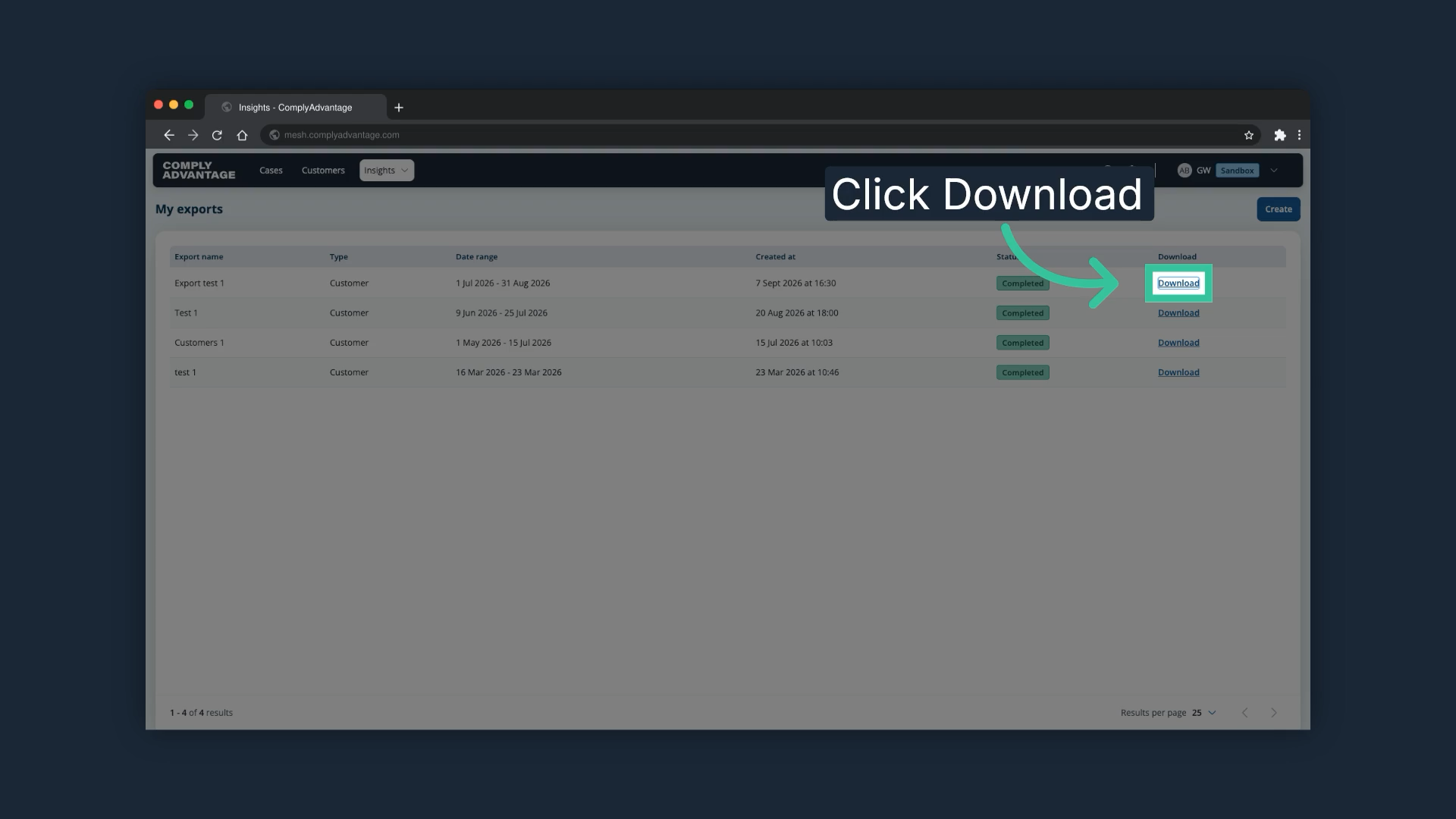 The My exports list with the Download link on the completed export highlighted