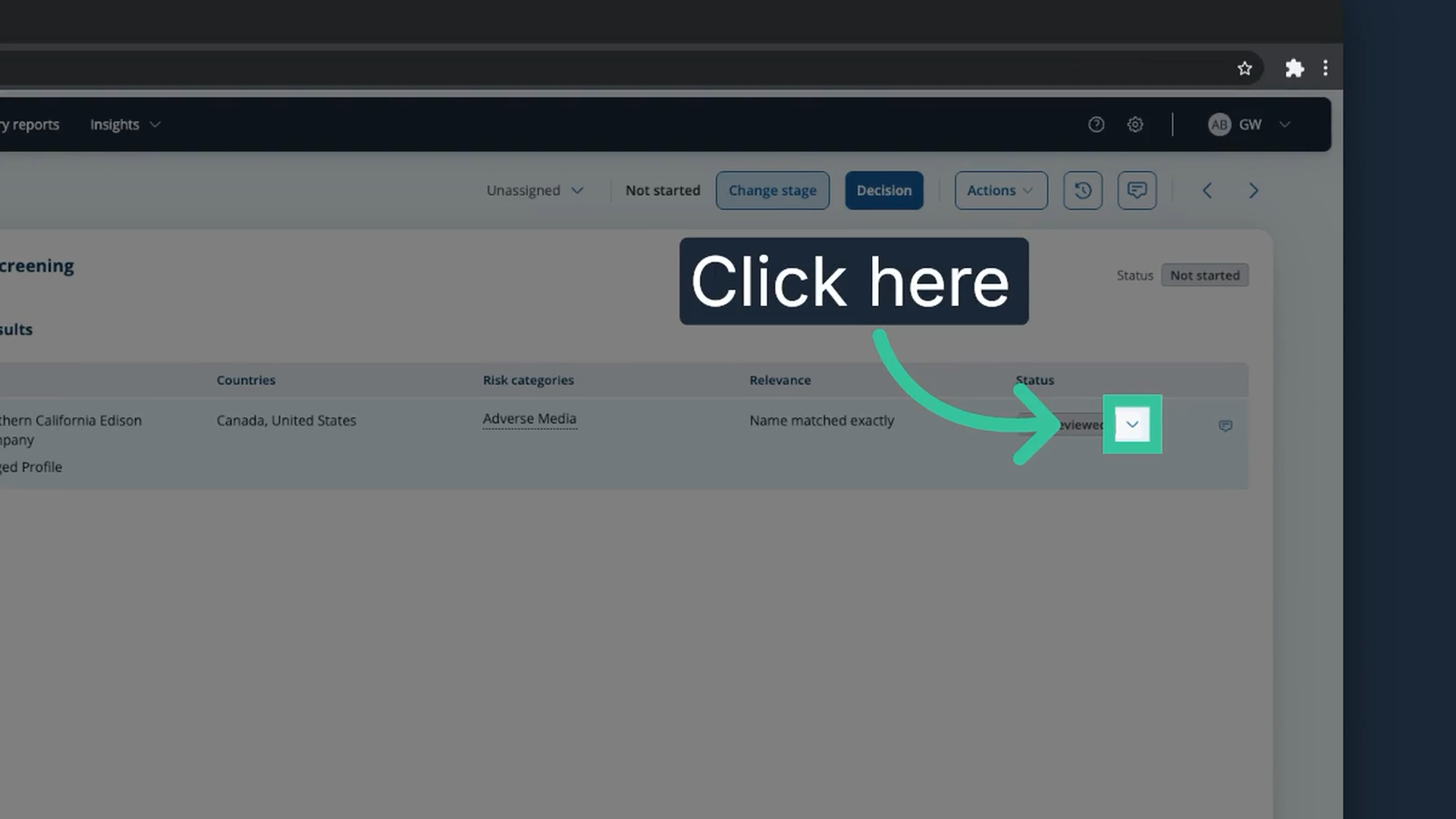 The status control on the Screening results row highlighted