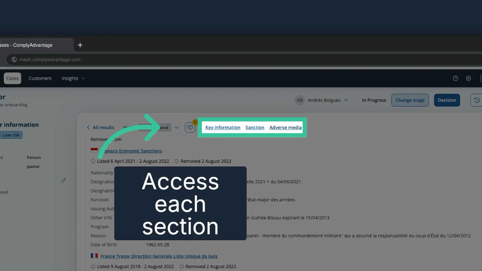The section links Key information, Sanction and Adverse media highlighted at the top of the profile details