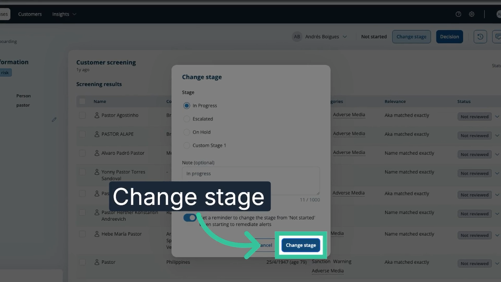 The Change stage dialog with the