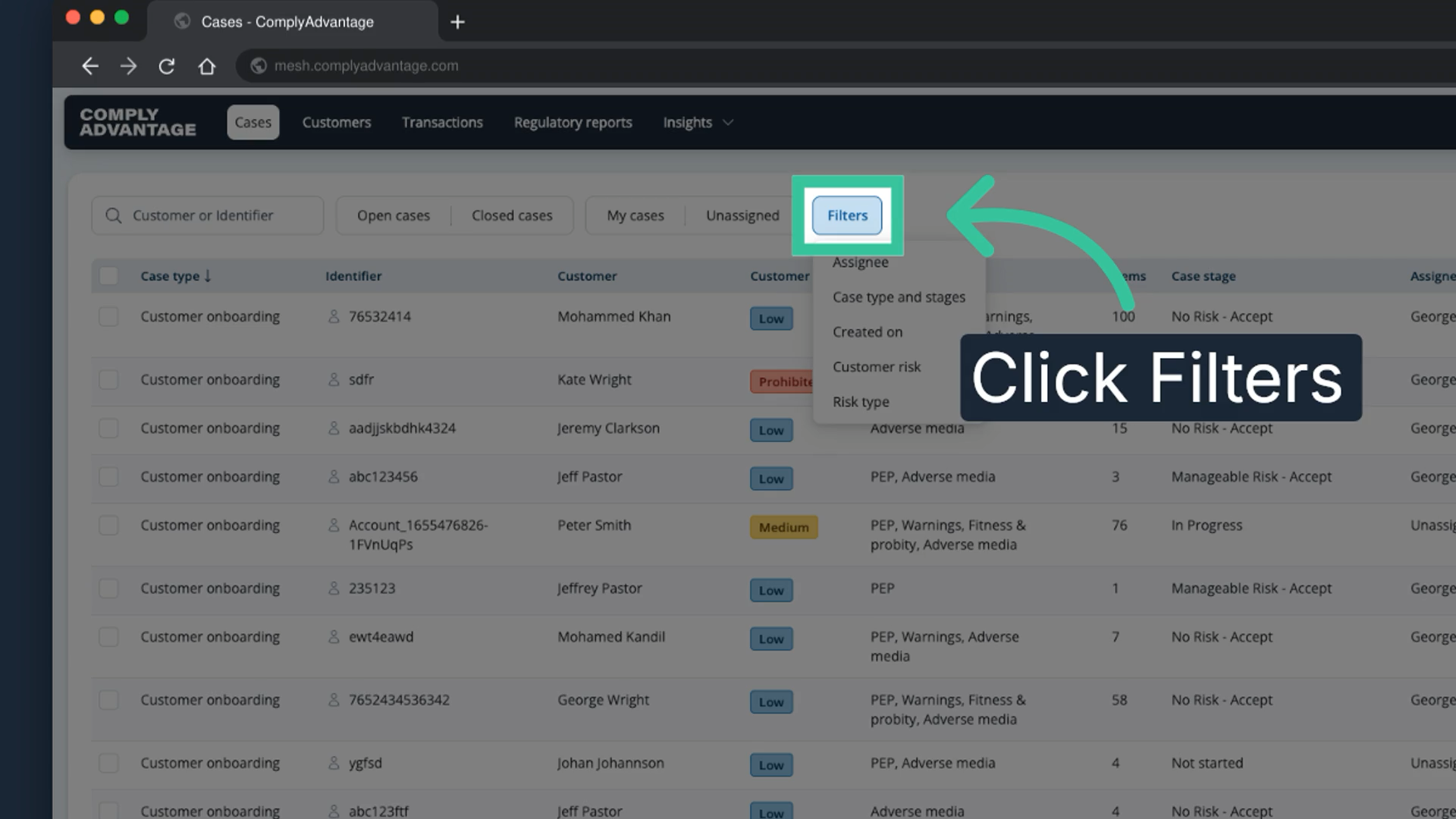 The case list with the Filters button highlighted