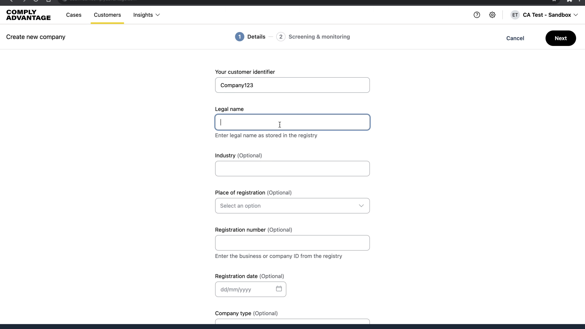 Enter the name of the company