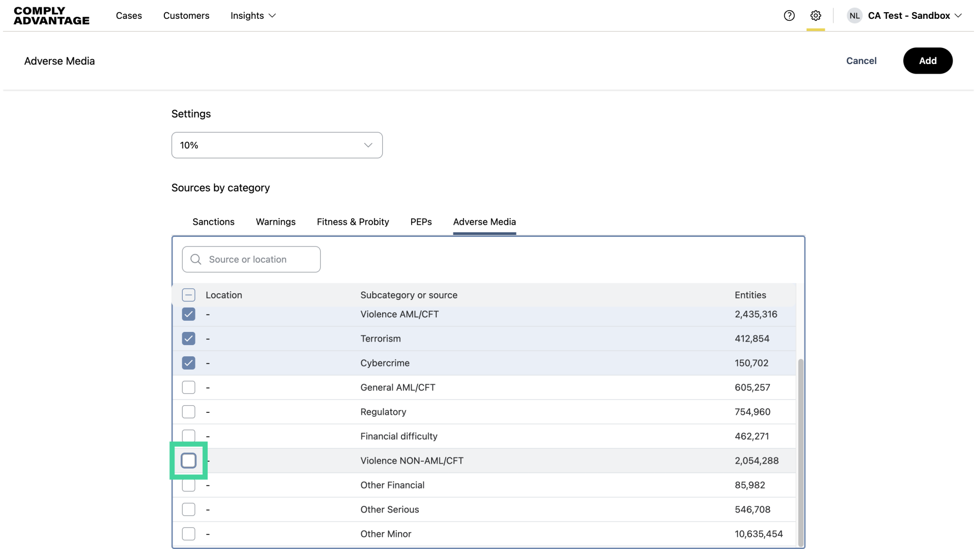 Select desired categories