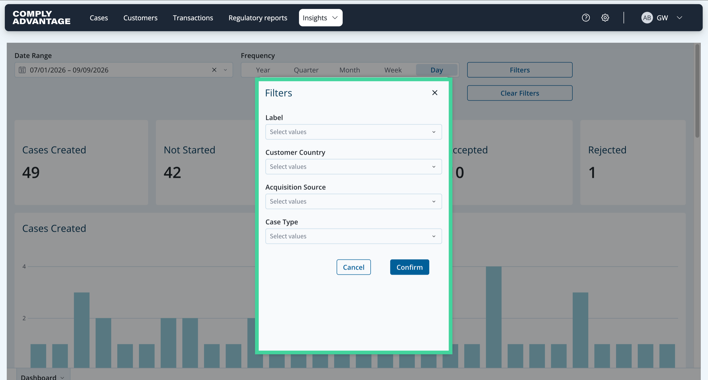 The filters available on the Cases insights dashboard