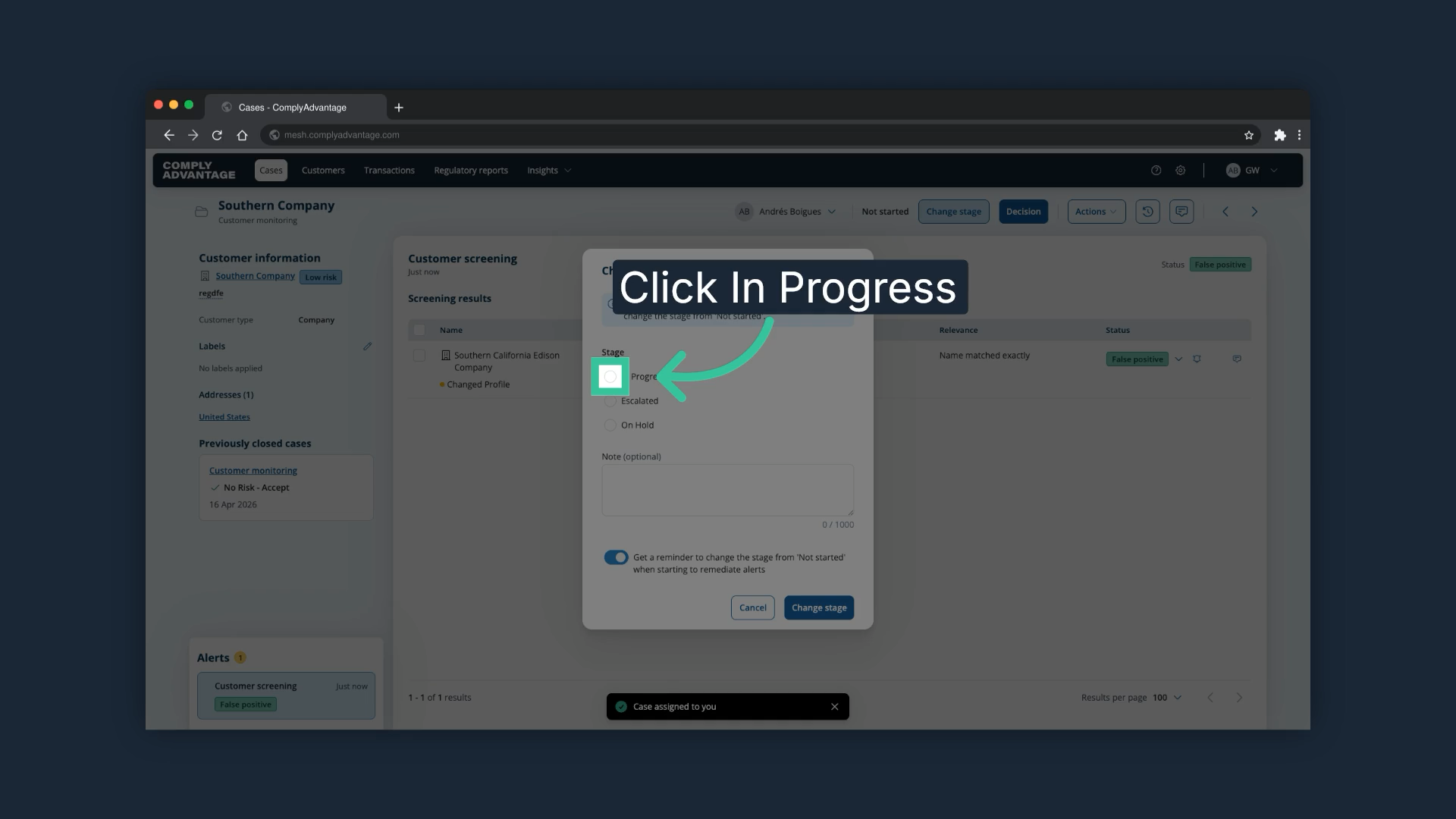 The Change stage prompt with the In Progress stage highlighted
