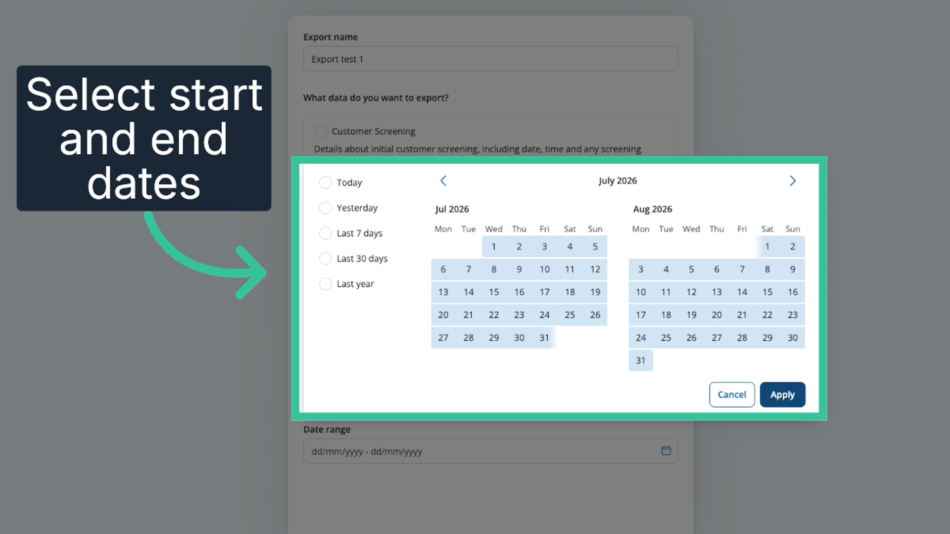 The date range calendar open with a start and end date selected