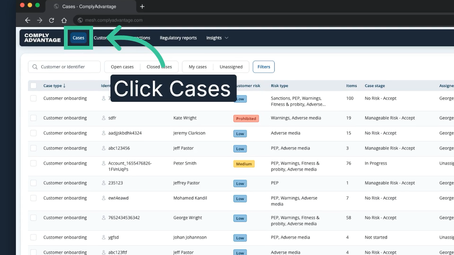 The Mesh navigation with the Cases tab highlighted above the case list