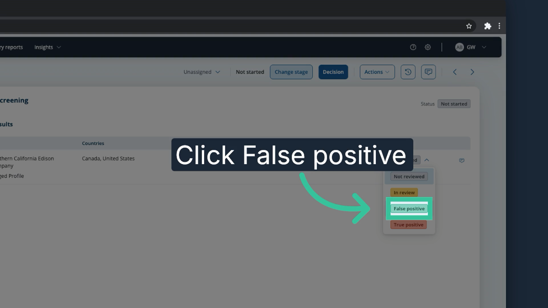 The status list open with False positive highlighted