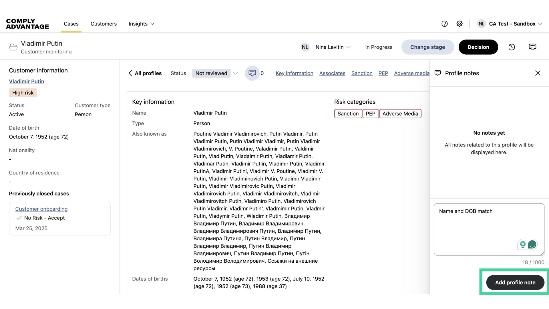 Click 'Add profile note'