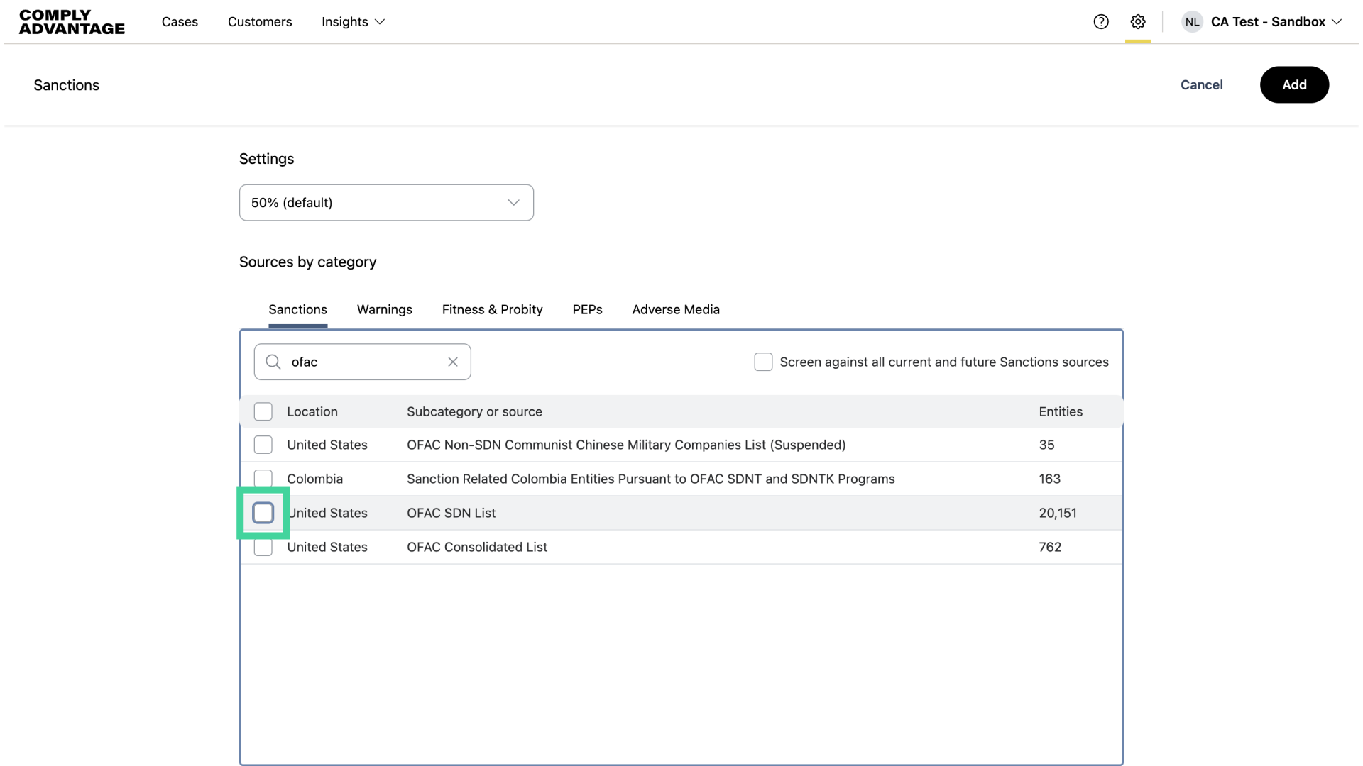 Click the desired sanctions list
