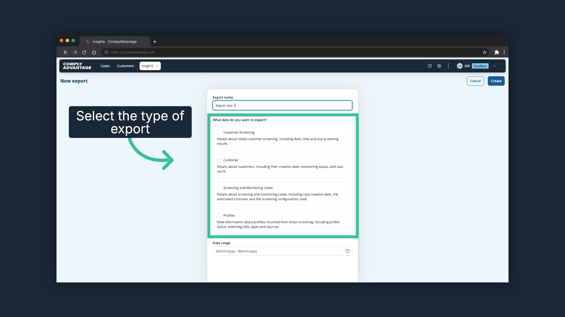 The four export types listed on the New export form, highlighted as a group