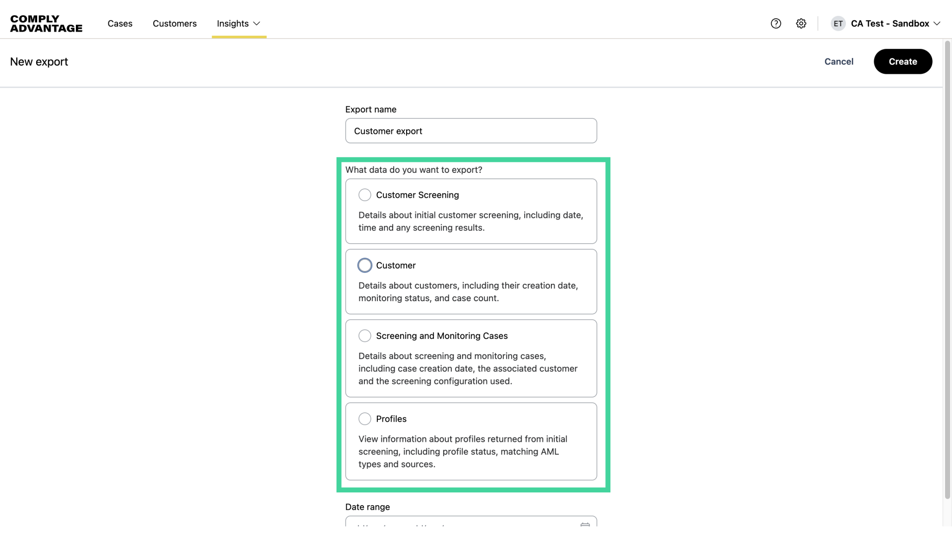 Select an export type