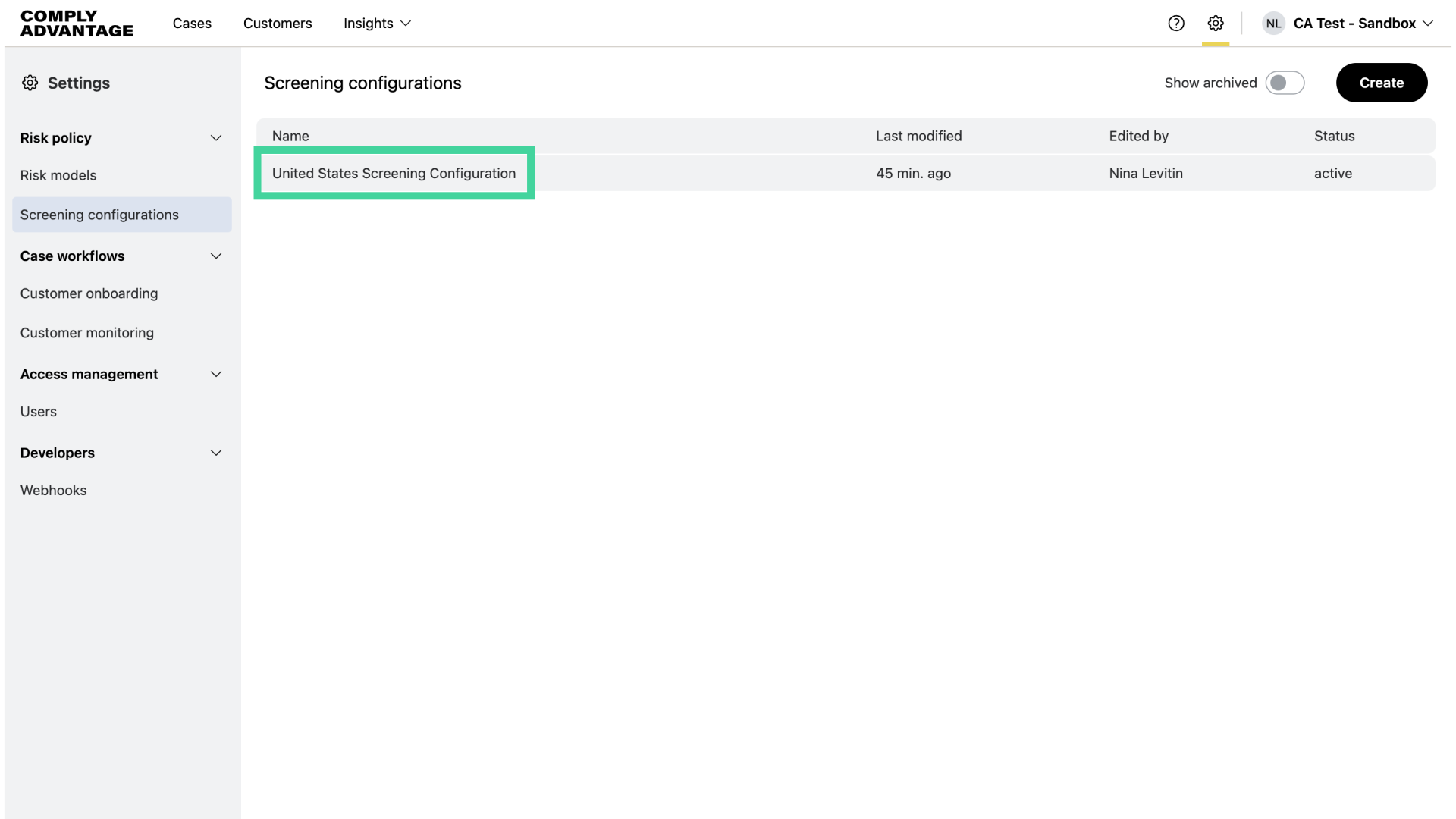 Select the Screening Configuration