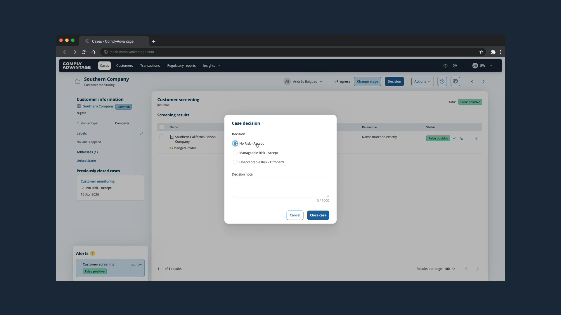 The Case decision dialog with the decision options