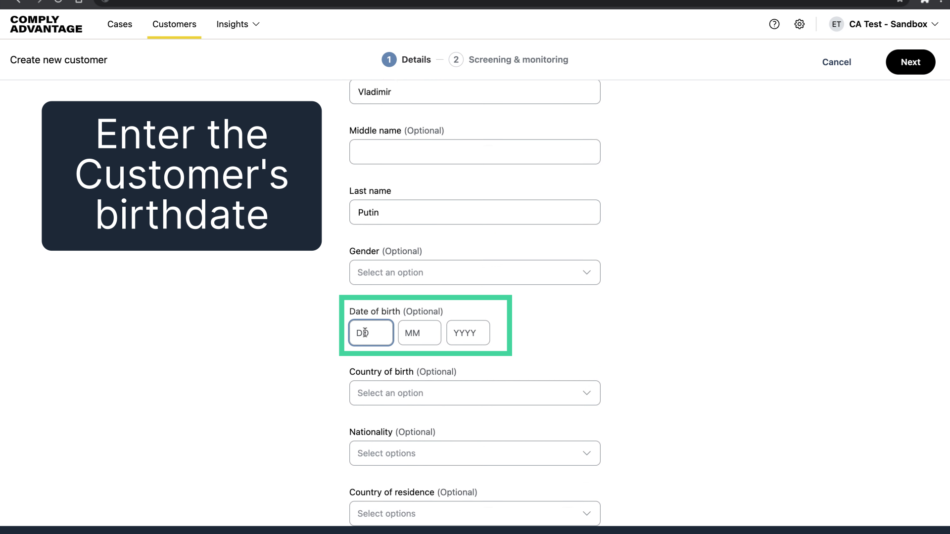 Enter the Customer's birthdate