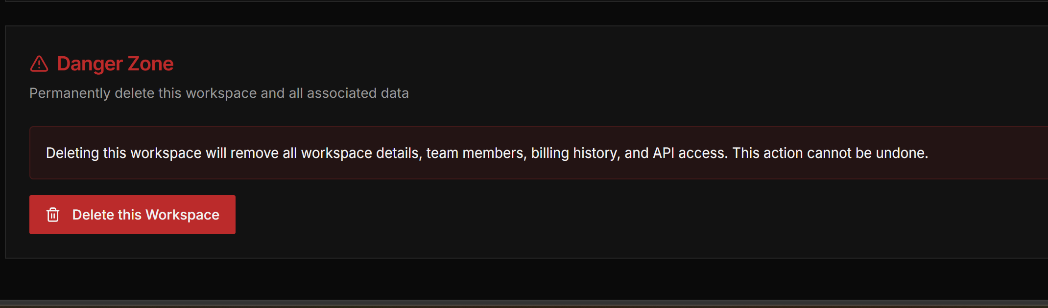 Screenshot of the Danger Zone warning screen with the red 'Delete this Workspace' button for permanent workspace deletion