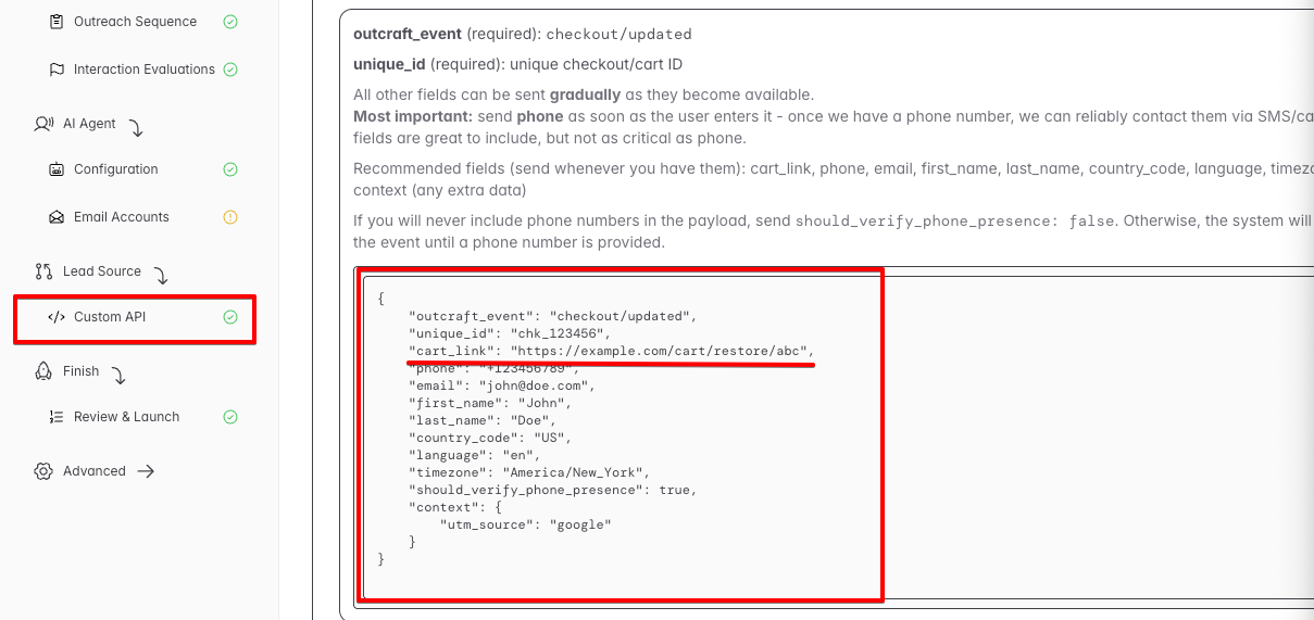 Image of a screen showing the Custom API section in a dashboard with a highlighted code block containing a sample event payload, including fields like outcraft_event, unique_id, and cart_link.