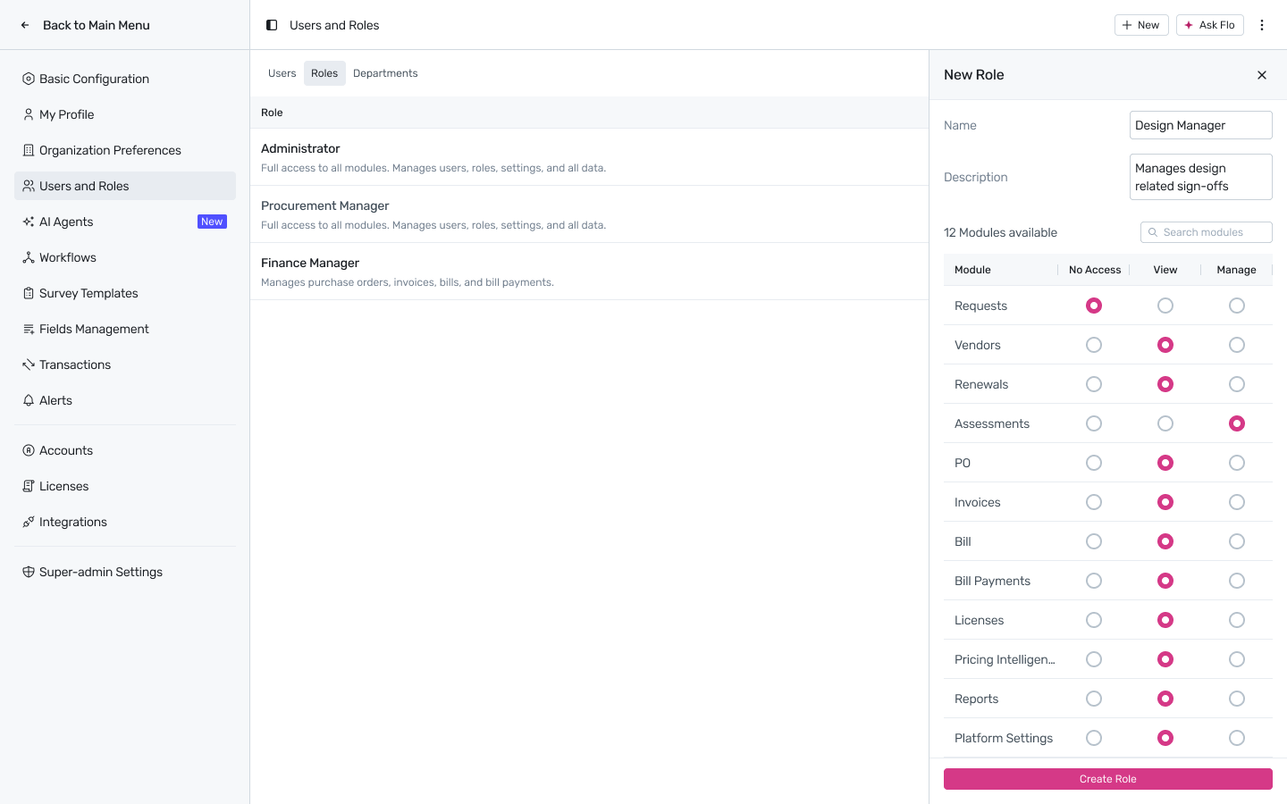 New Role creation form with module access matrix