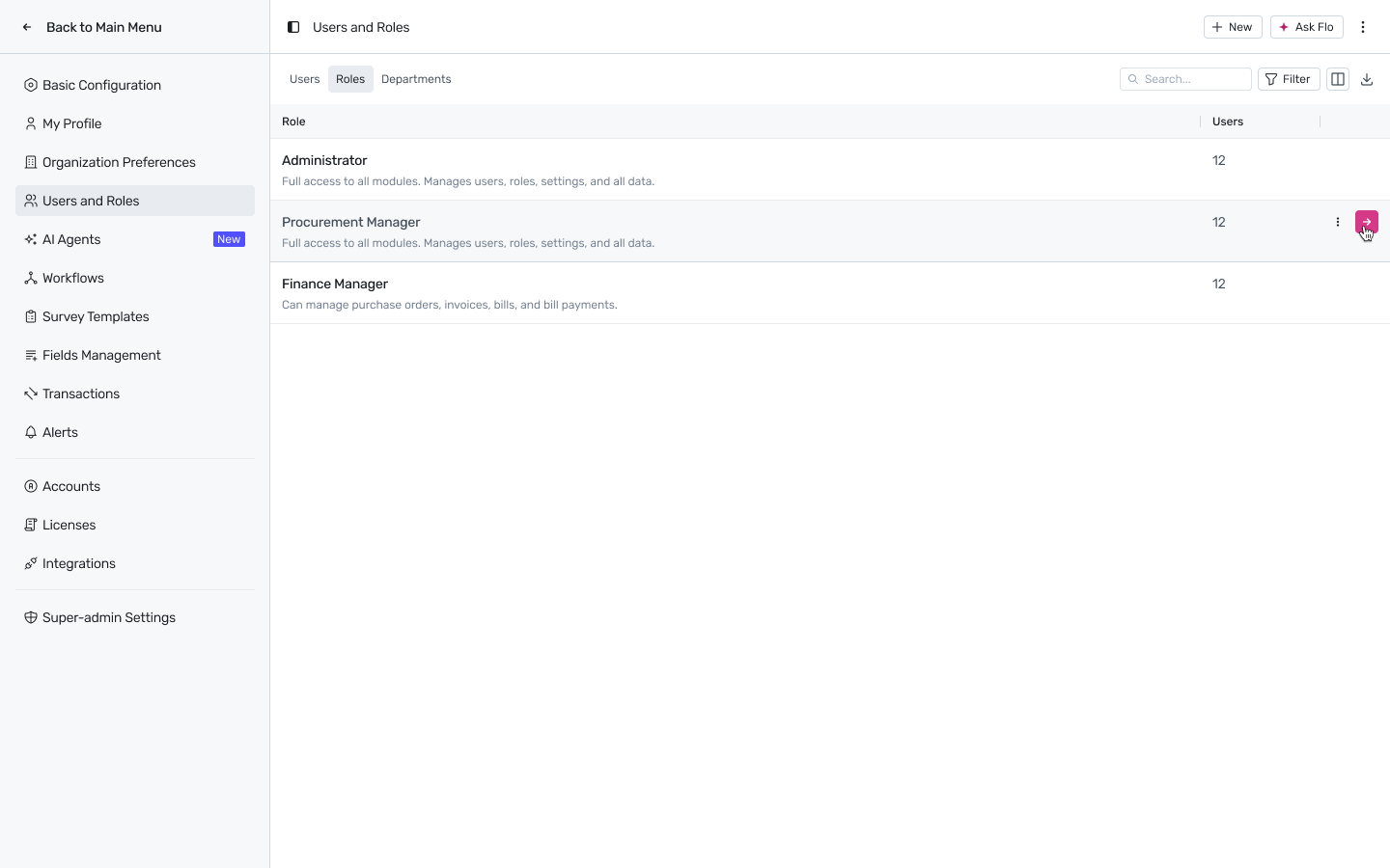Roles list under Settings, Users and Roles, Roles tab