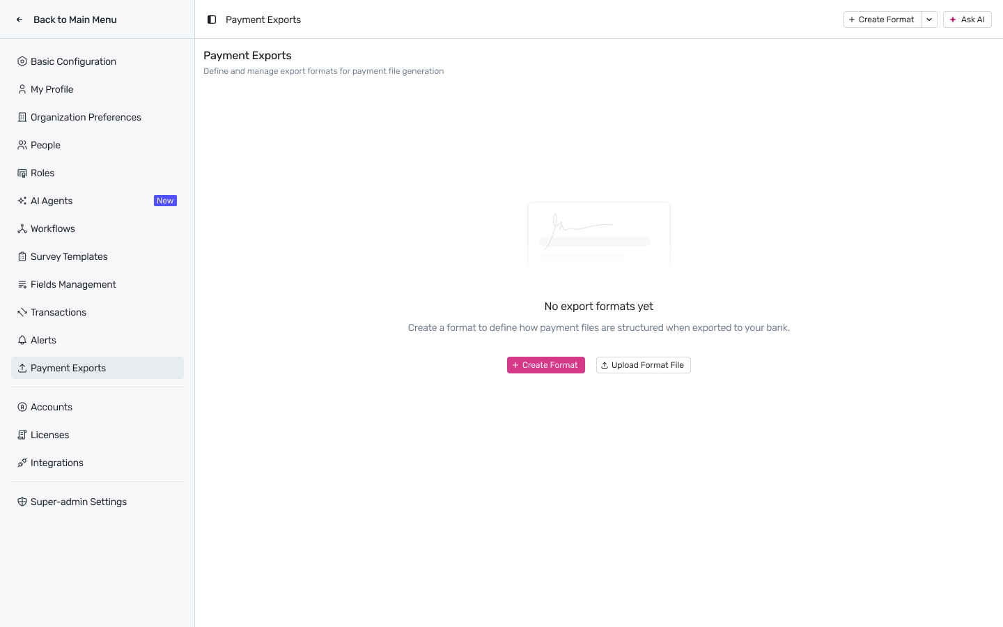 Payment Exports empty state