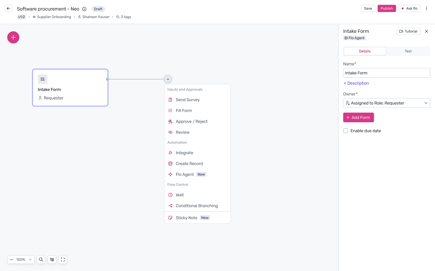 Workflow builder add-step menu showing the Flo Agent step type
