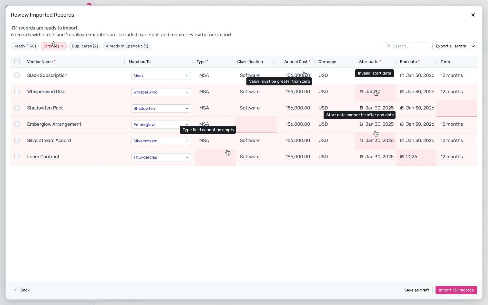 Review Imported Records table