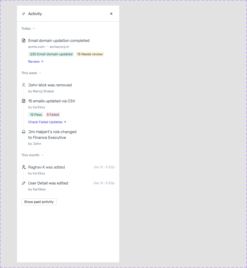 Activity panel showing CSV and email domain update events