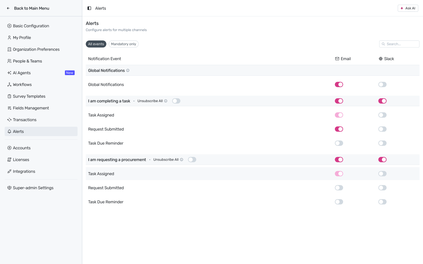 Alerts settings page