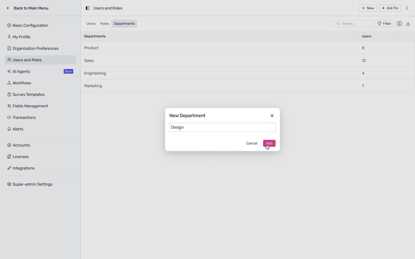 New Department modal